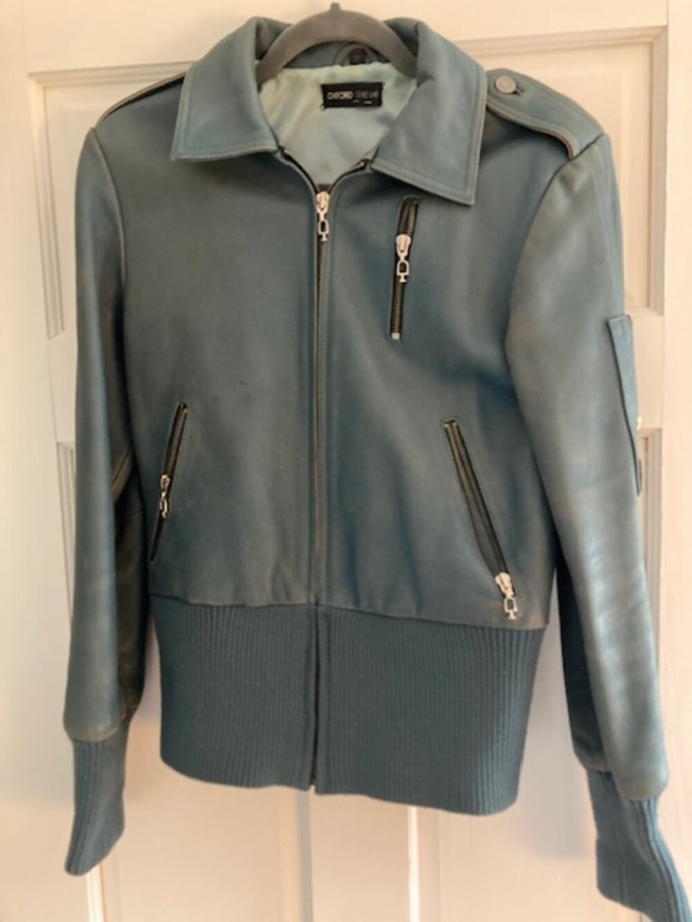 Vintage Paul and Joe Blue/Grey Leather Bomber Jacket S